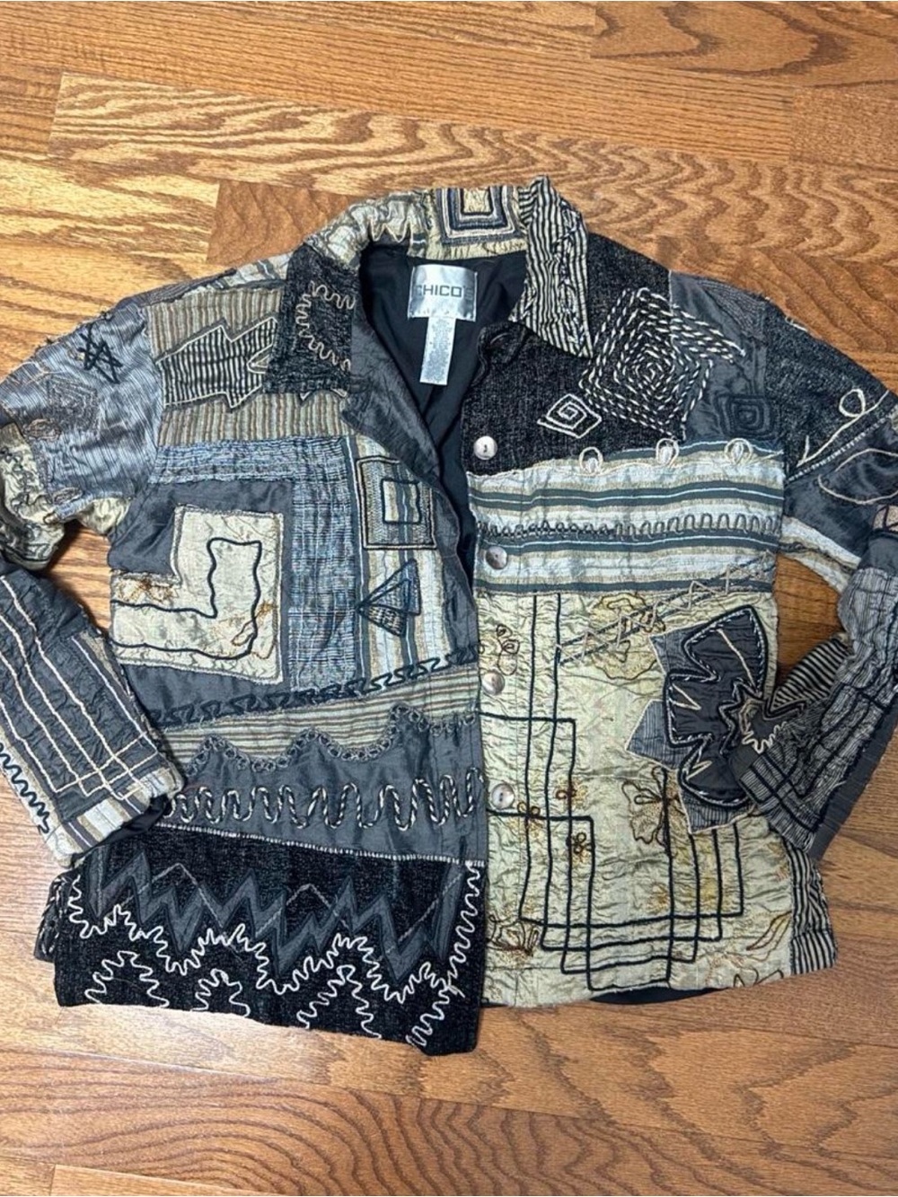 Vintage Chico’s 100% Silk Patchwork Wearable Art Jacket Boho Embroidered Fits M